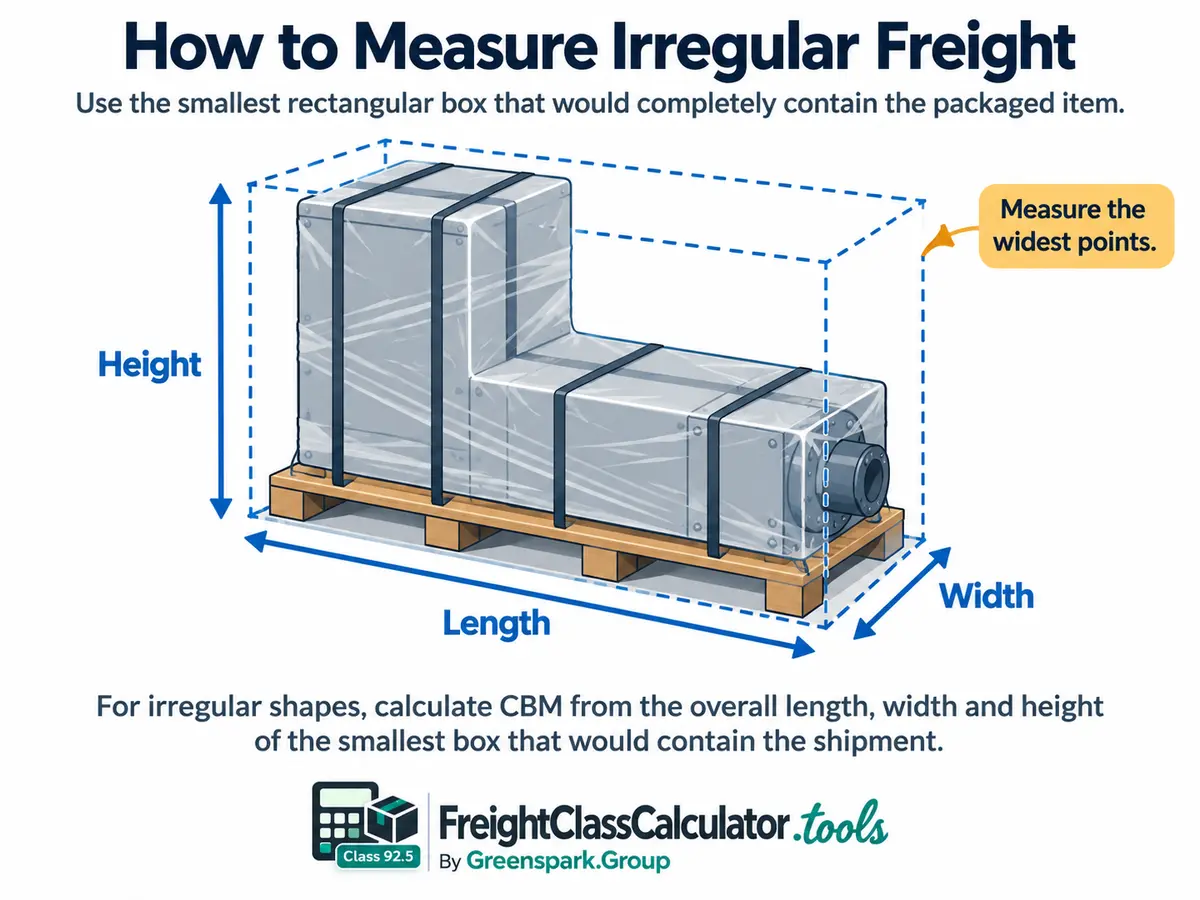 Irregular freight inside a rectangular bounding box showing the widest length, width and height used for CBM.