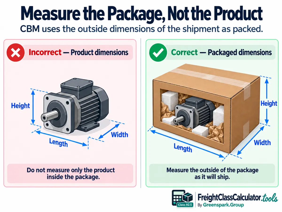 Comparison showing incorrect product dimensions and correct outside packaged dimensions for CBM.