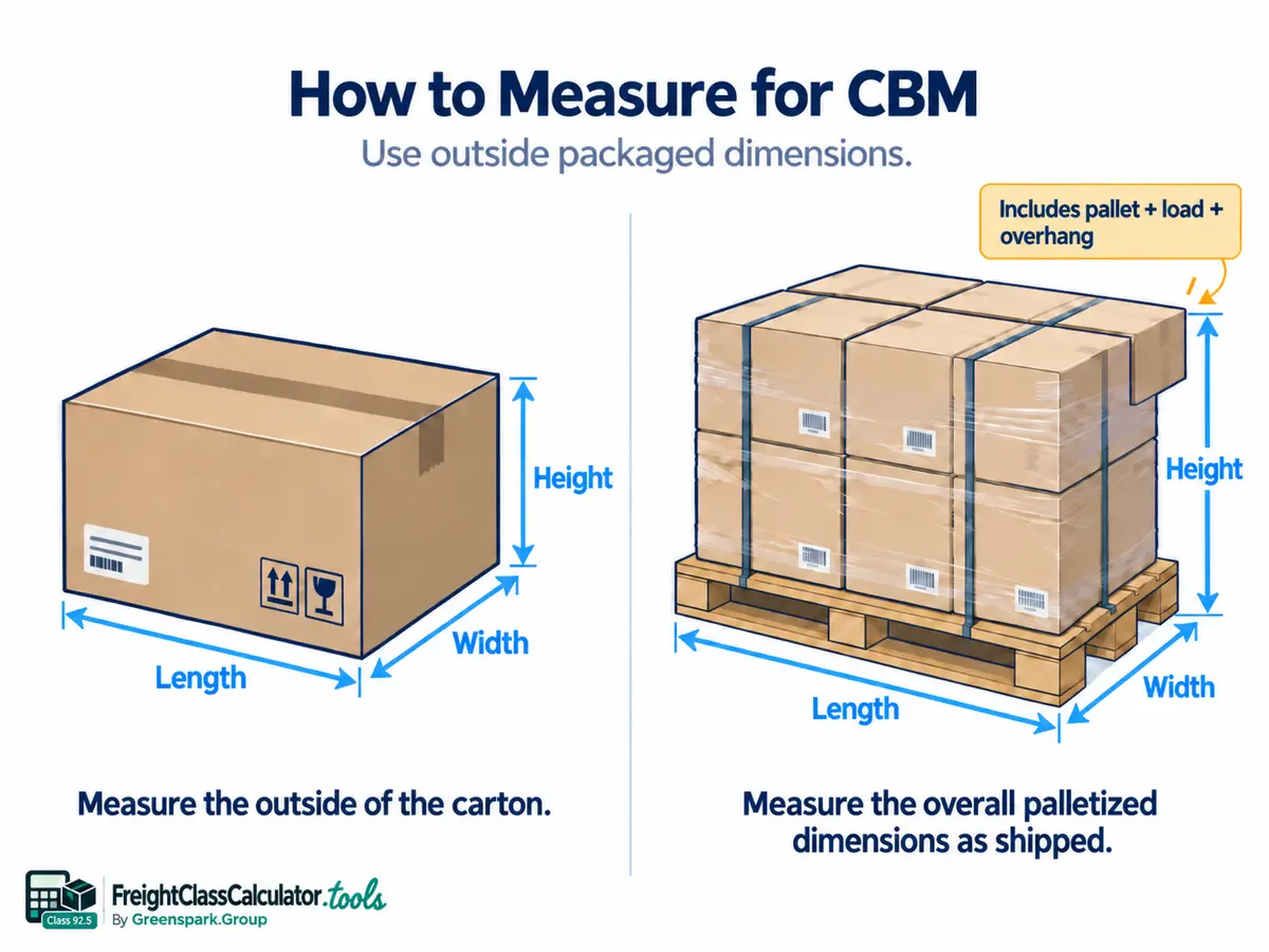 Carton and palletized freight showing outside length, width and height measurements for CBM.