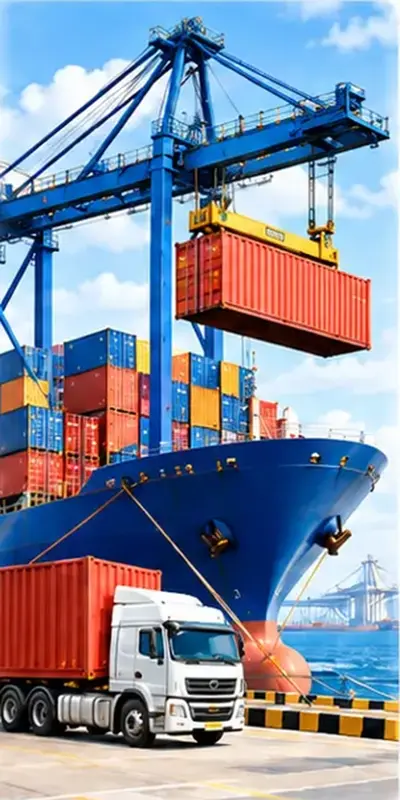 Shipping container being lifted by a port crane onto a cargo vessel, with a freight truck at the dock during FOB export loading.