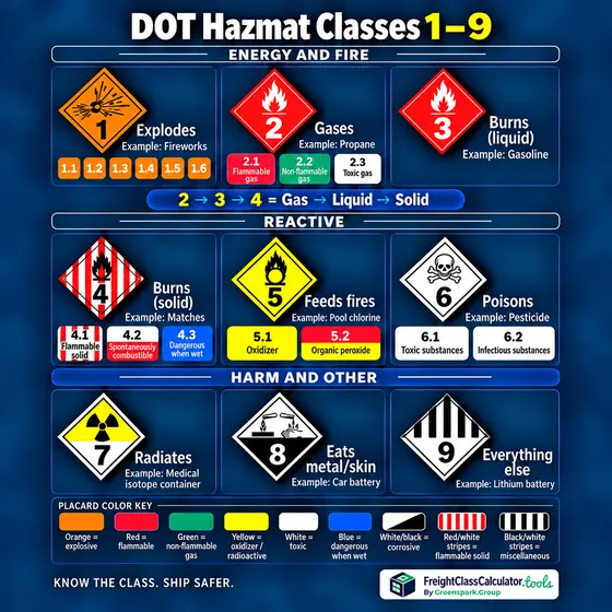 DOT hazard classes 1–9 chart showing placards, divisions, and common examples